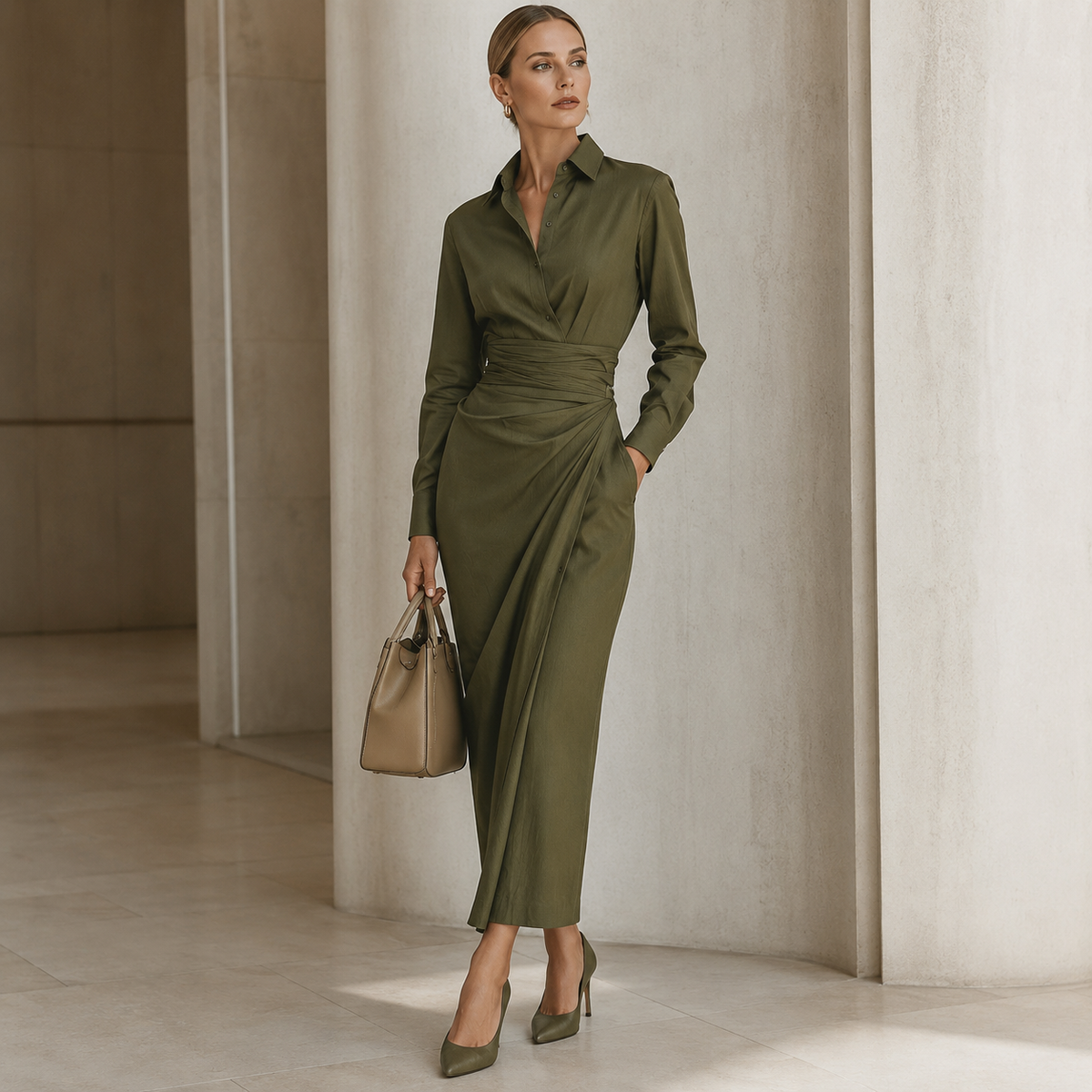 Noëlle™ | Vestido maxi en verde militar