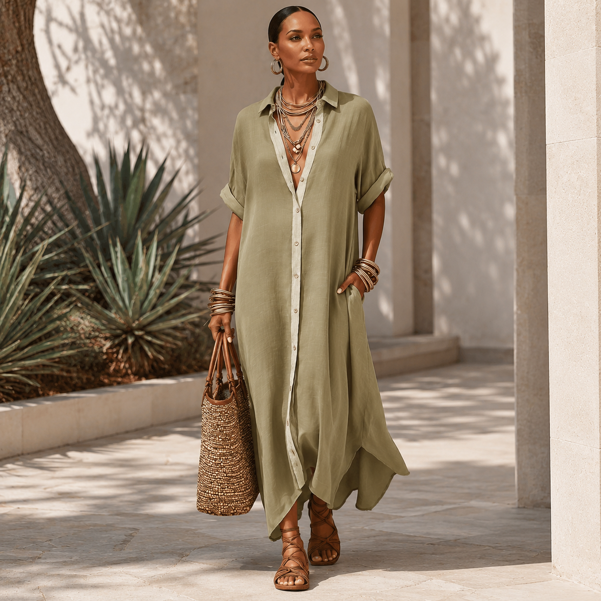 Manelle™ | Vestido maxi verde oliva con línea minimalista