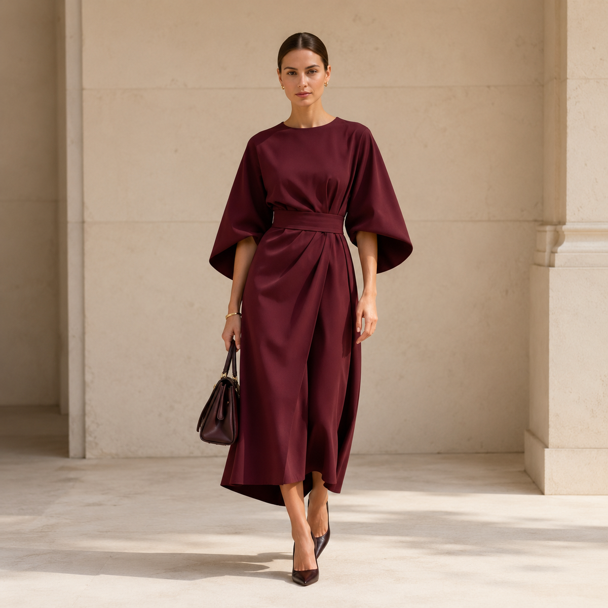 Rita - Elegante Vestido Con Mangas Farol y Cinturón