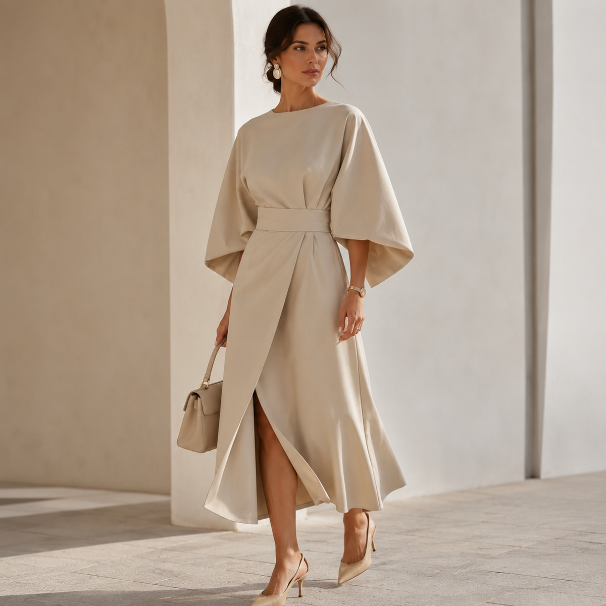 Rita - Elegante Vestido Con Mangas Farol y Cinturón