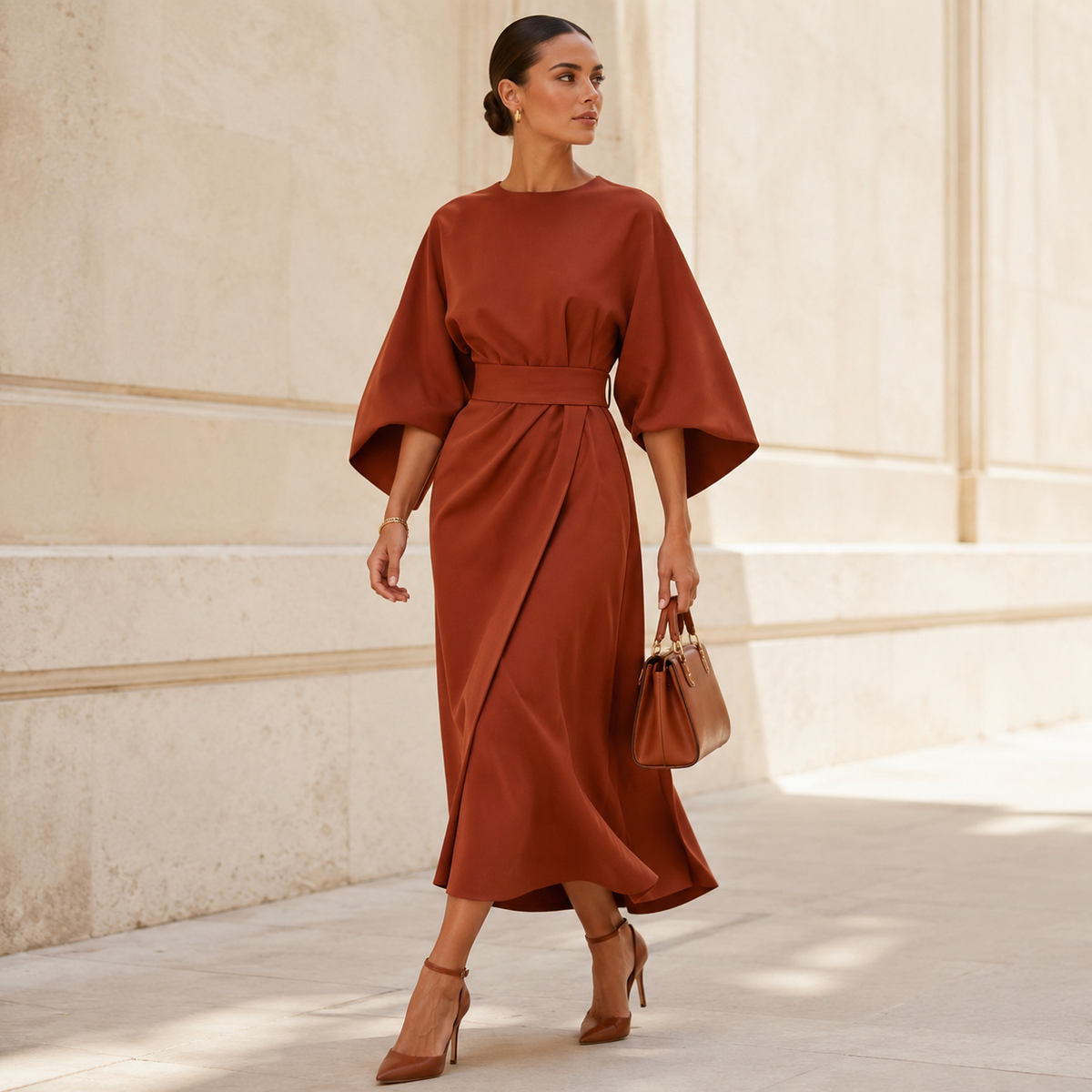 Rita - Elegante Vestido Con Mangas Farol y Cinturón